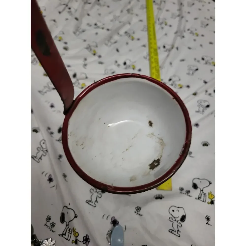Vintage White Enamel Ladle with Red Trim and Handle 13